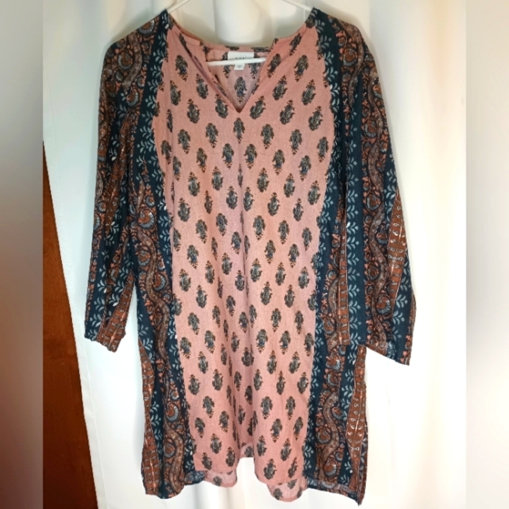 J Jill Pure Jill Tapestry Pattern Tunic Medium Linen Cotton Pink Gray Long Boho